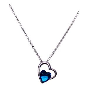 Imitation Silver Blue Topaz Rhinestone Gemstone Two Hearts In One Necklace